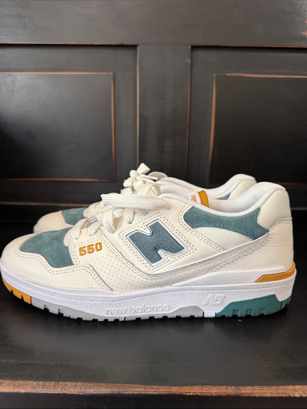 New Balance Men’s 550 Sneakers in White, Teal & mustard
